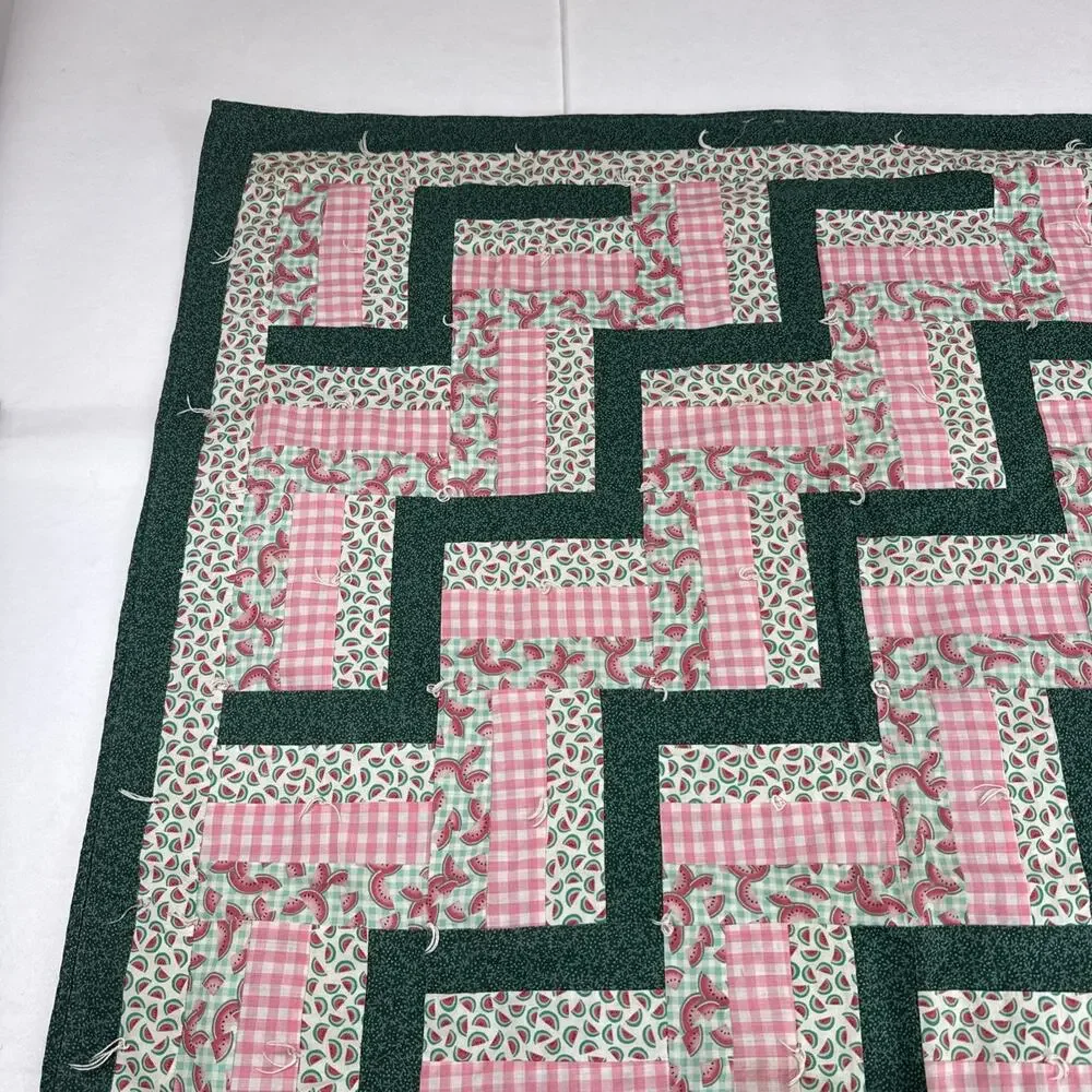 Vtg Patchwork Green Pink Quilt Throw 56” X 41” Handmade Watermelon Camarillo, CA